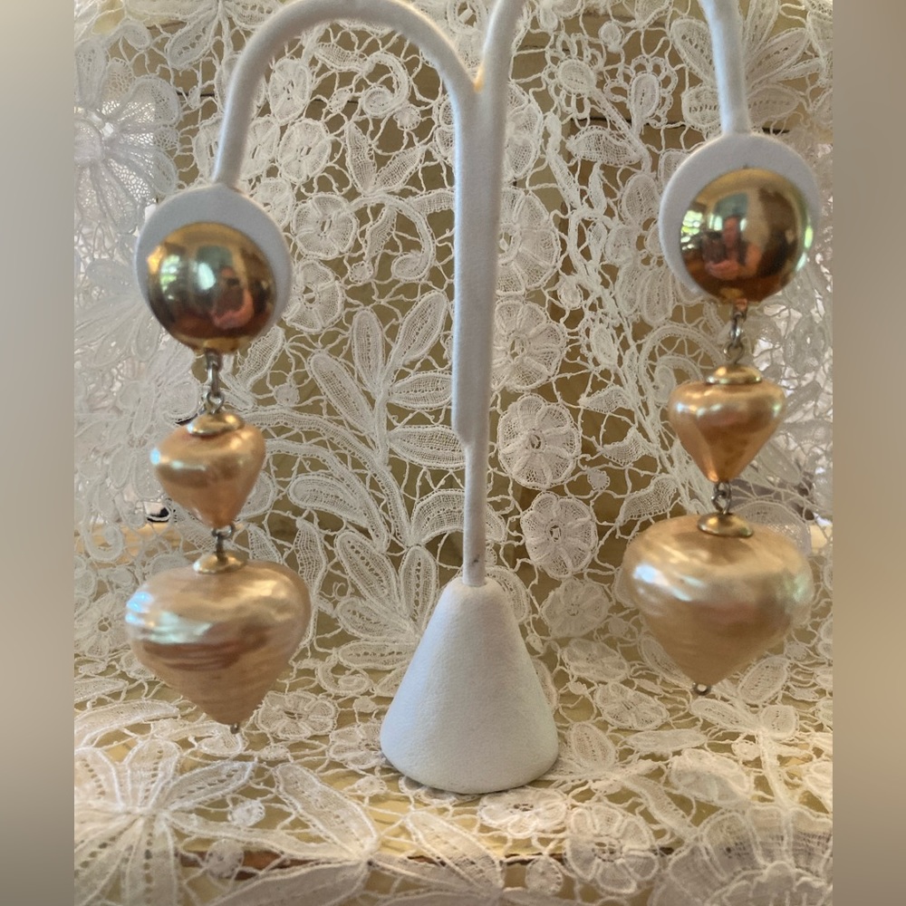 Vintage 1960’s GOLDTONE & Golden Faux Pearls CLIP ON Dangle Earrings 3” ATOMIC